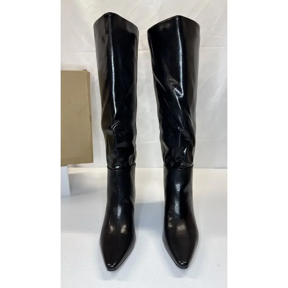CELLENZ Faux Leather Knee High Boots Pointed Toe Low Kitten Heel Black Size 8